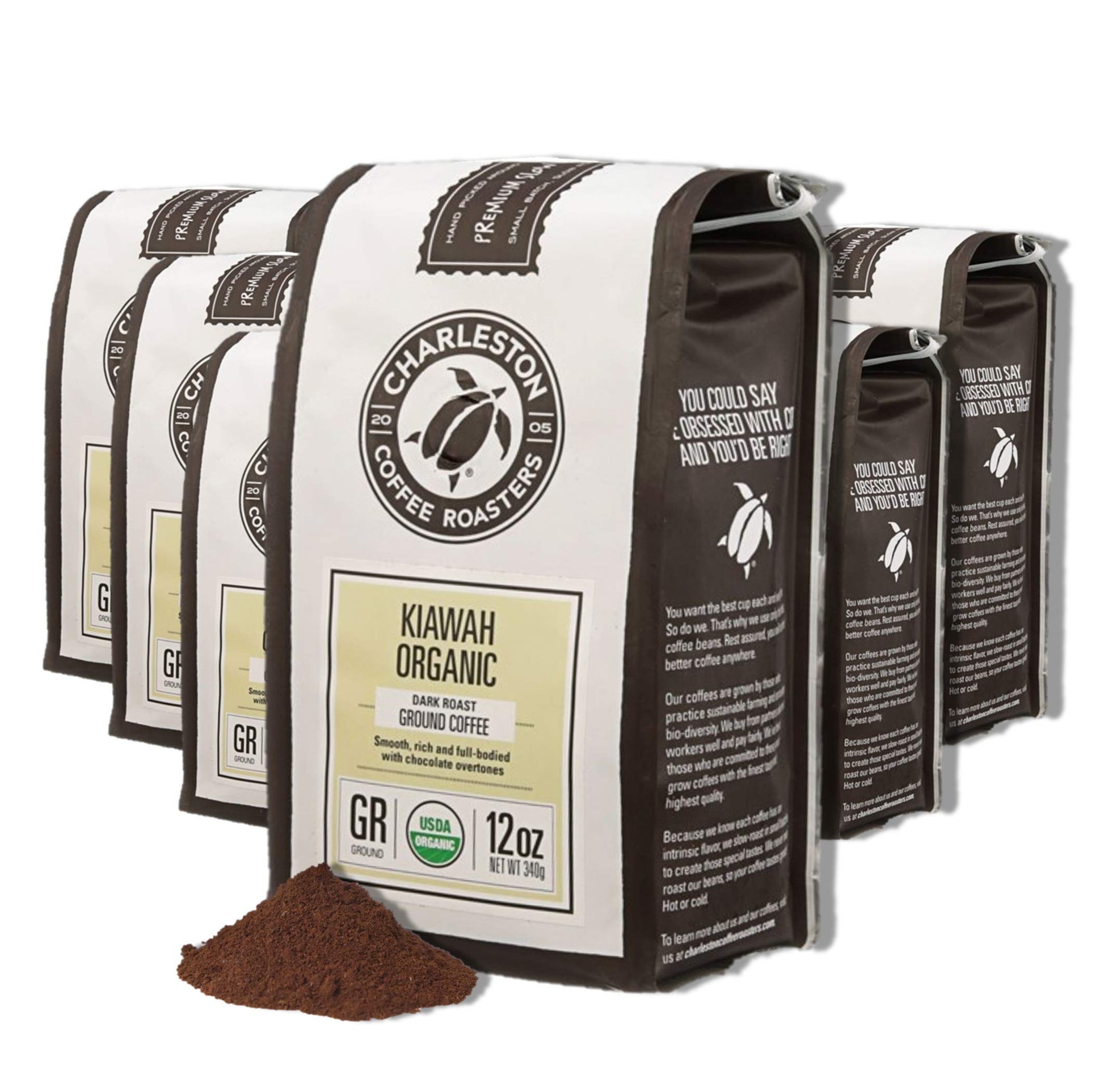 Charleston Coffee Roasters | Specialty Organic Ground Coffee | Hand Picked, Premium Slow Roast (Kiawah, Dark Roast) 12Oz, 6 Pack