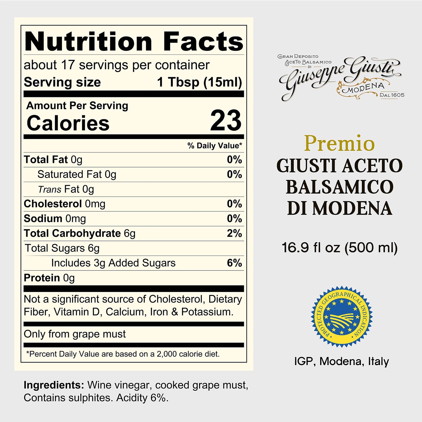 Giusti Balsamic Vinegar Of Modena Igp – Authentic Italian Aceto Balsamico Di Modena Igp, Made In Italy, Perfect For Marinades, Vinaigrettes & Sauces – 16.9 Fl Oz (500 Ml) - Pack Of 2