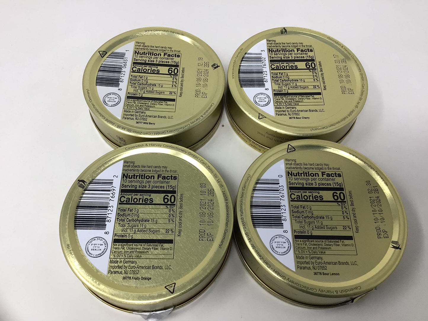 Cavendish & Harvey | Variety Flavor Hard Candy Drops | Orange  Wild Berry  Sour Lemon  & Sour Cherry | 5.3 Ounce Tins - 4 Pack