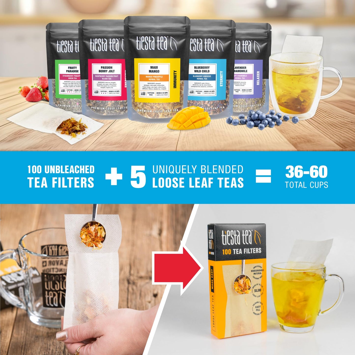 Tiesta Tea Loose Leaf Starter Kit - 104 Piece Set with Black, Green, Herbal Tea Samples & Eco-Friendly Filters, Model 800023
