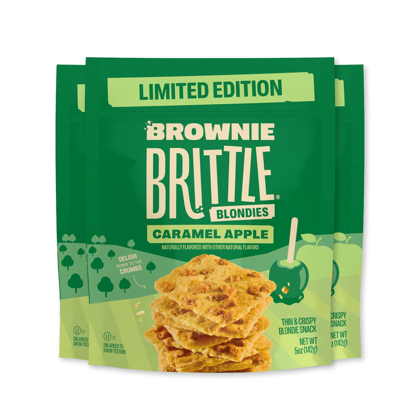 Brownie Brittle - Caramel Apple Blondie Thin and Crispy Sweet Snacks (Pack of 3, 5 oz), Rich Gourmet Brownie Bites Dessert