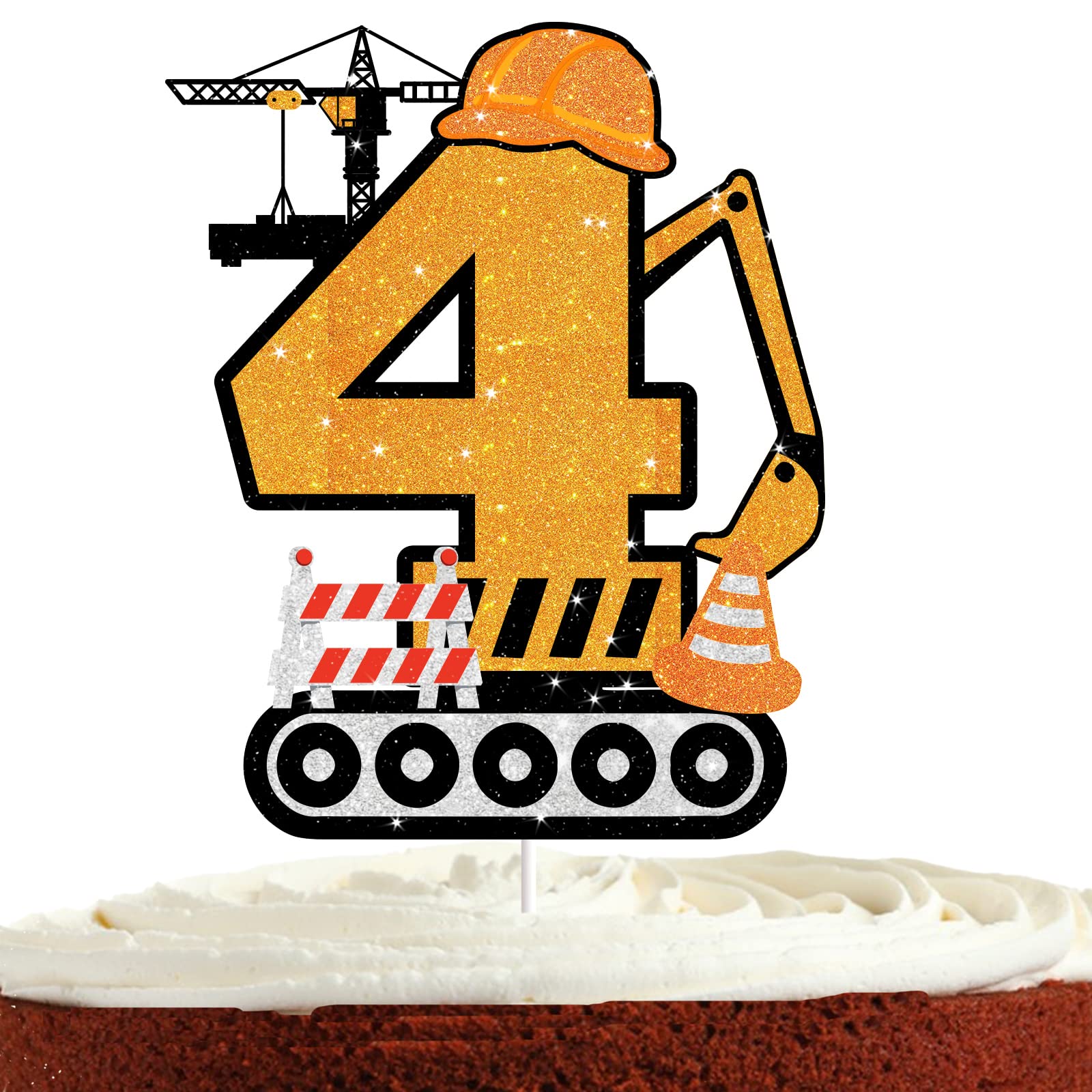 Construction Cake Topper For Boys Girls 4Th Happy Birthday Construction Theme Party Supplies Building Truck Tractor Crane Excava