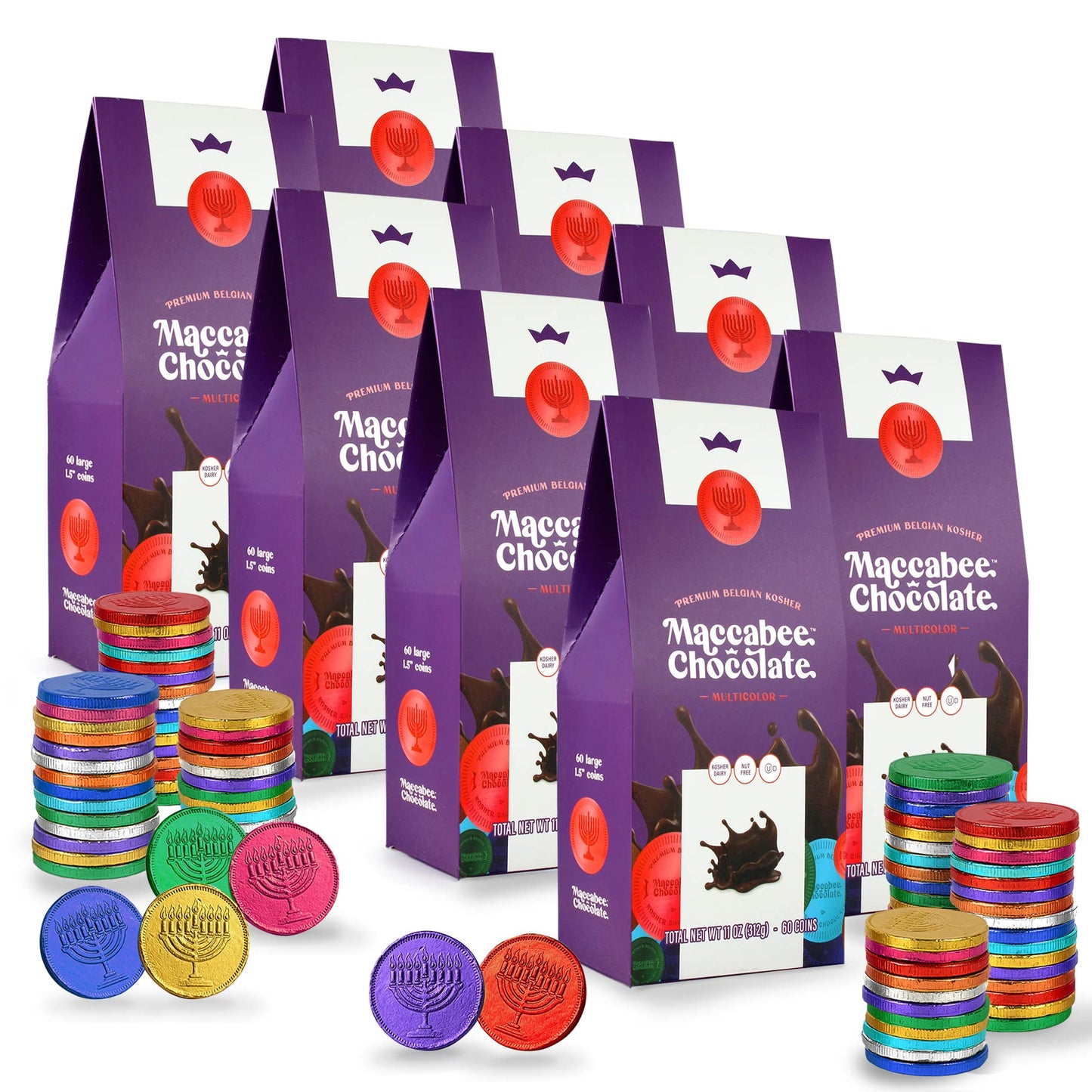 Zion Judaica Ltd Kosher Hanukkah Gelt Premium Belgian Chocolate Coins, Nut-free, 60 Large Coins, 8 Pack (Multicolor)