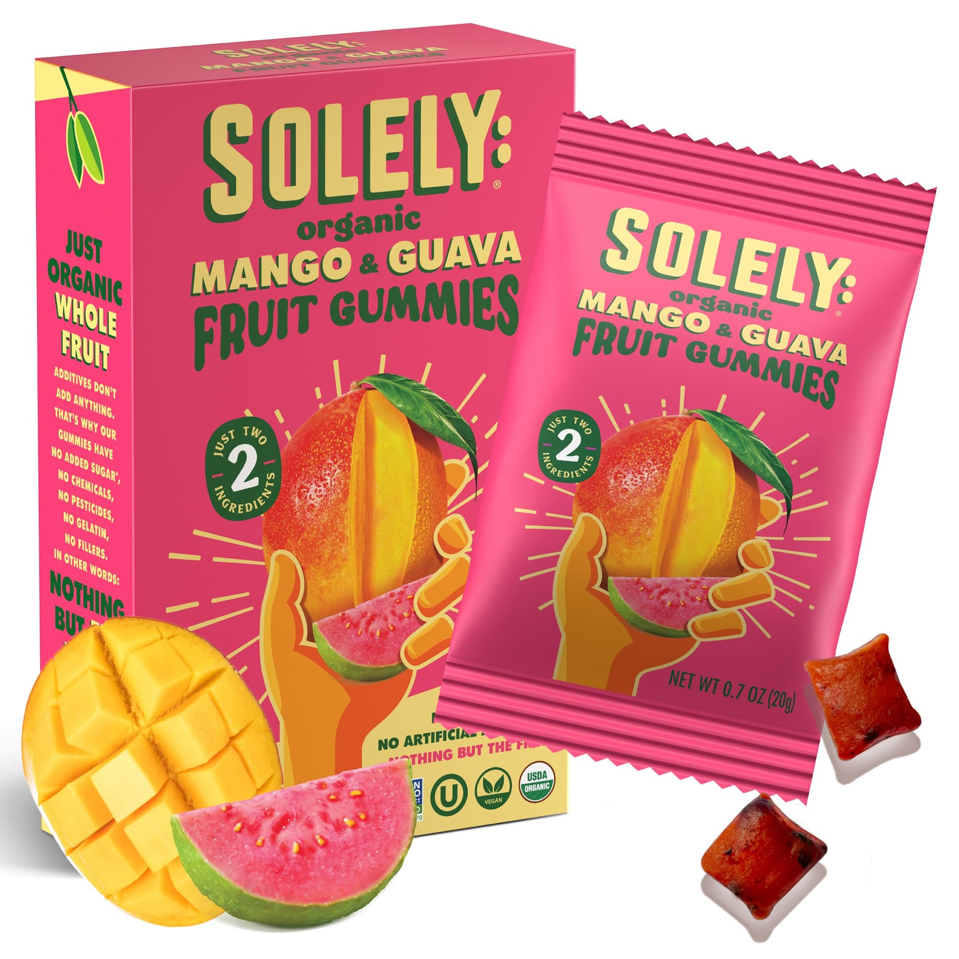 SOLELY - Organic Mango & Guava Whole Fruit Gummies (1 Box, 5 Single Serving Bags per Box) - Real Fresh Fruit - Healthy Snacks fo
