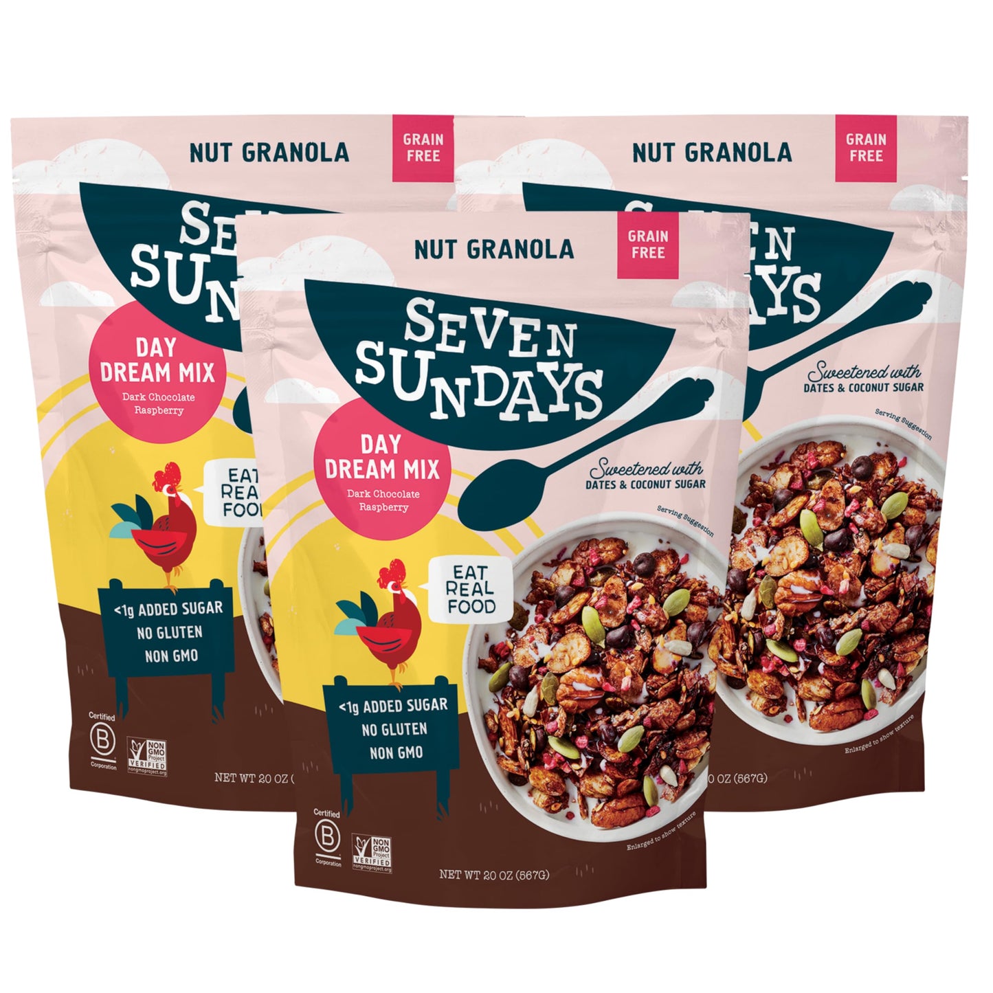 Seven Sundays Nut Granola Cereal, Day Dream Dark Chocolate Raspberry, 20 Oz Bag (Pack of 3), Grain & Gluten Free, 4g Protein, 5g
