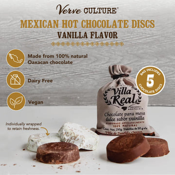 Mexican Hot Chocolate By Verve Culture, Dairy Free Vegan Hot Cocoa, Gourmet Spicy Hot Chocolate Discs, Vanilla Hot Chocolate, 25