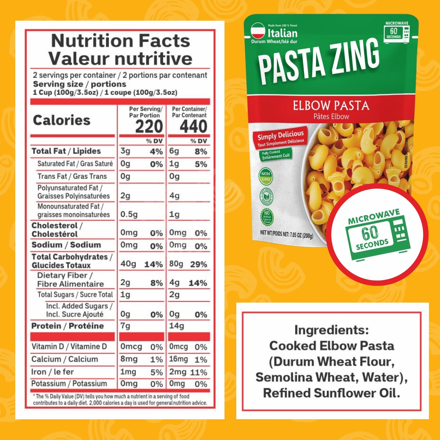 PASTA ZING Microwavable Elbow Pasta, 100% Italian Duspirit-inspired flavor Wheat, Ready in 60 Sec, 7.05 Ounce (Pack of 7)
