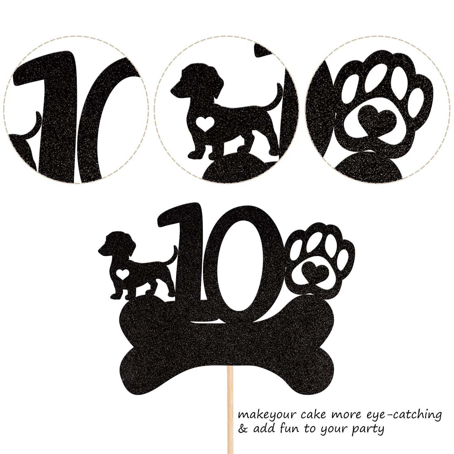 1 Pcs 10Th Birthday Cake Topper Black Glitter Dog Paw Ten Years Old Birthday Puppy Dog Bone Cake Pick For Let'S Pawty Baby Showe