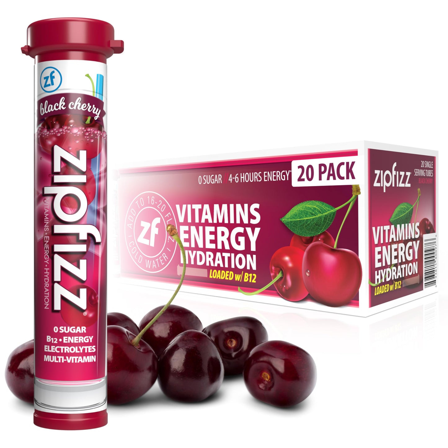 Zipfizz Daily Energy Drink Powder, Sugar-Free, Electrolyte Powder, 20 Pack, Black Cherry, Contains Vitamin B-12 & Antioxidants