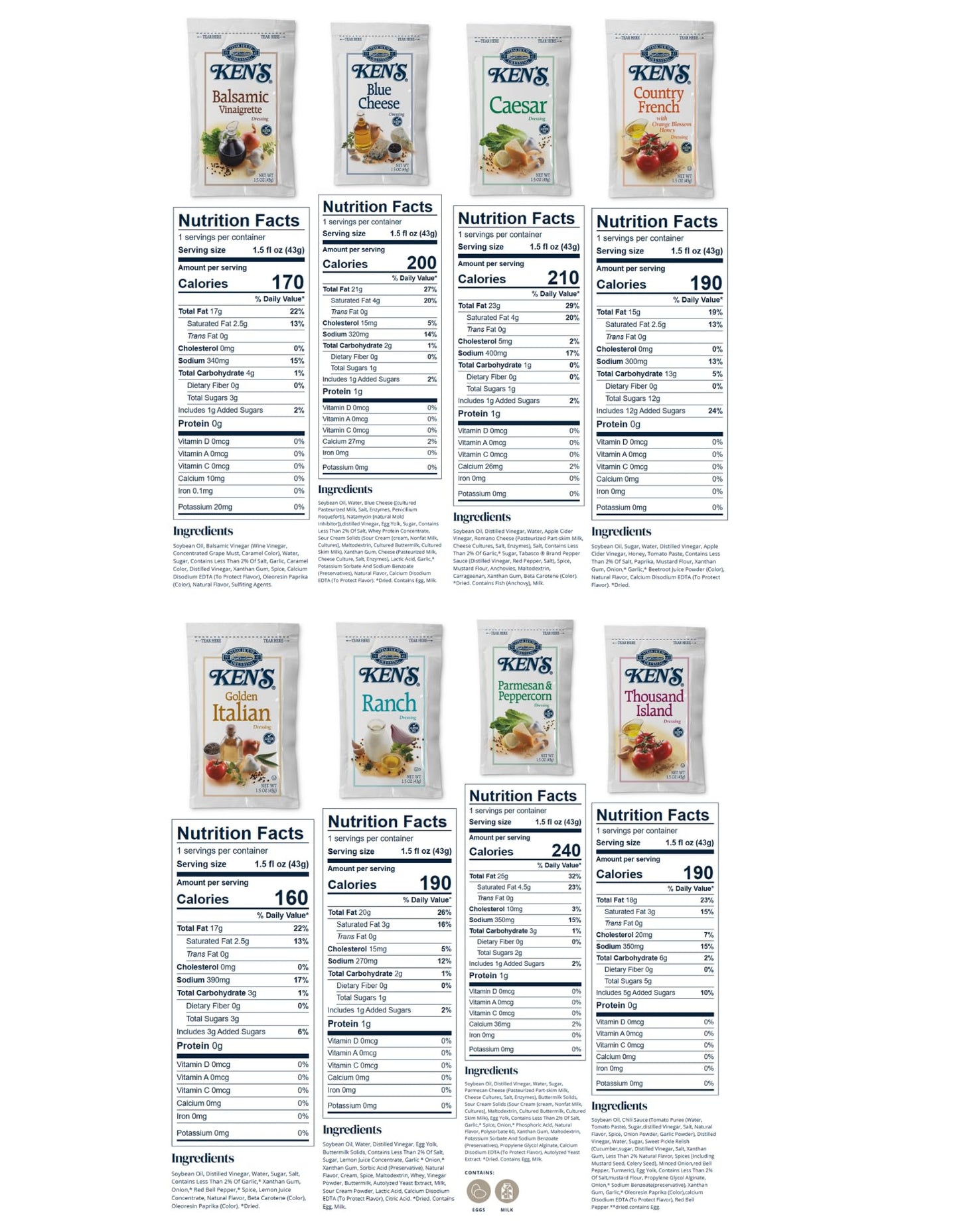 40 Count | Salad Dressing Packets | 8 Flavors: Balsamic Vinaigrette, Blue Cheese, Caesar, Country French, Ranch, Golden Italian,