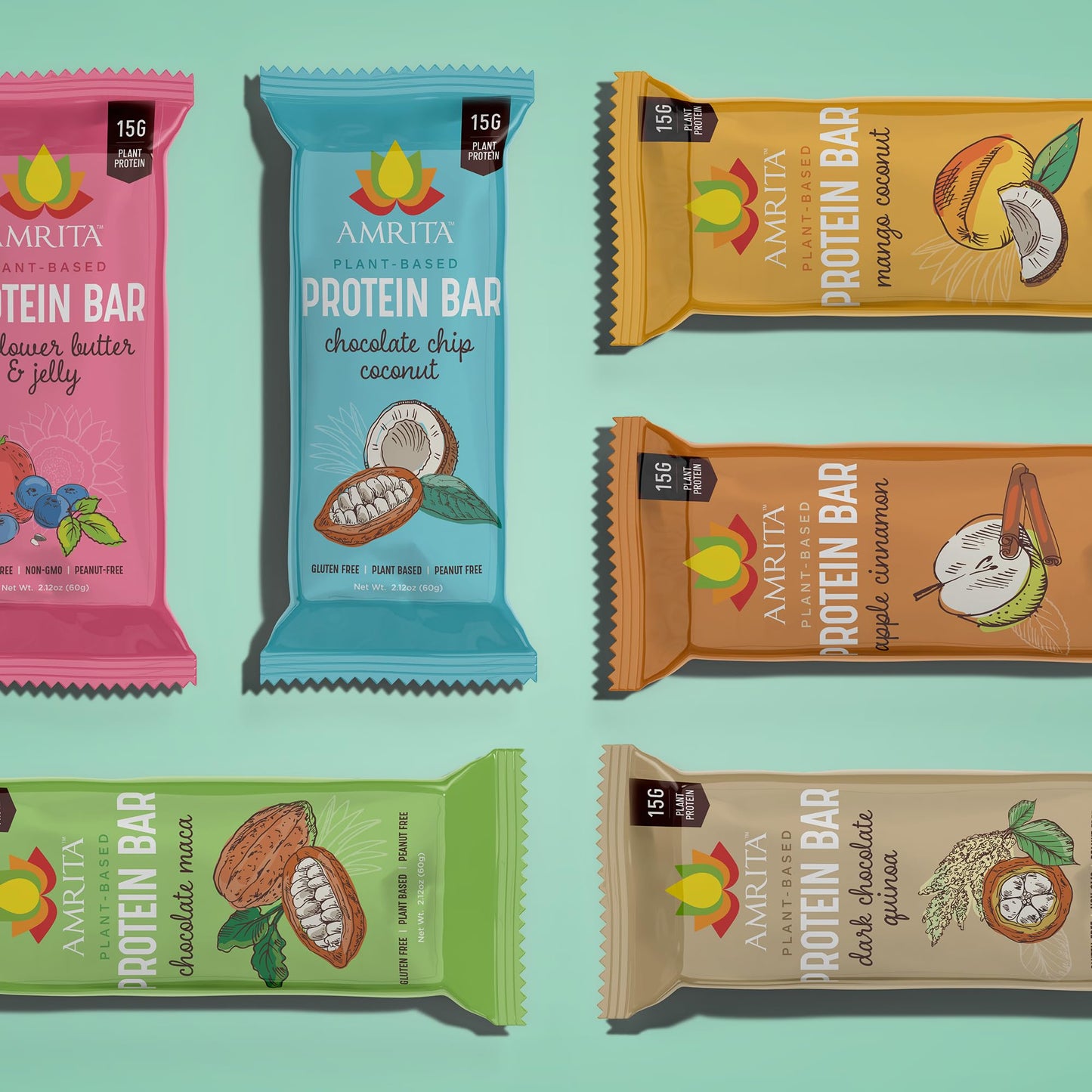 Amrita Vegan High Protein Bars Sampler Pack, 7 Flavors, Gluten Free, 15g Protein, 7 Count