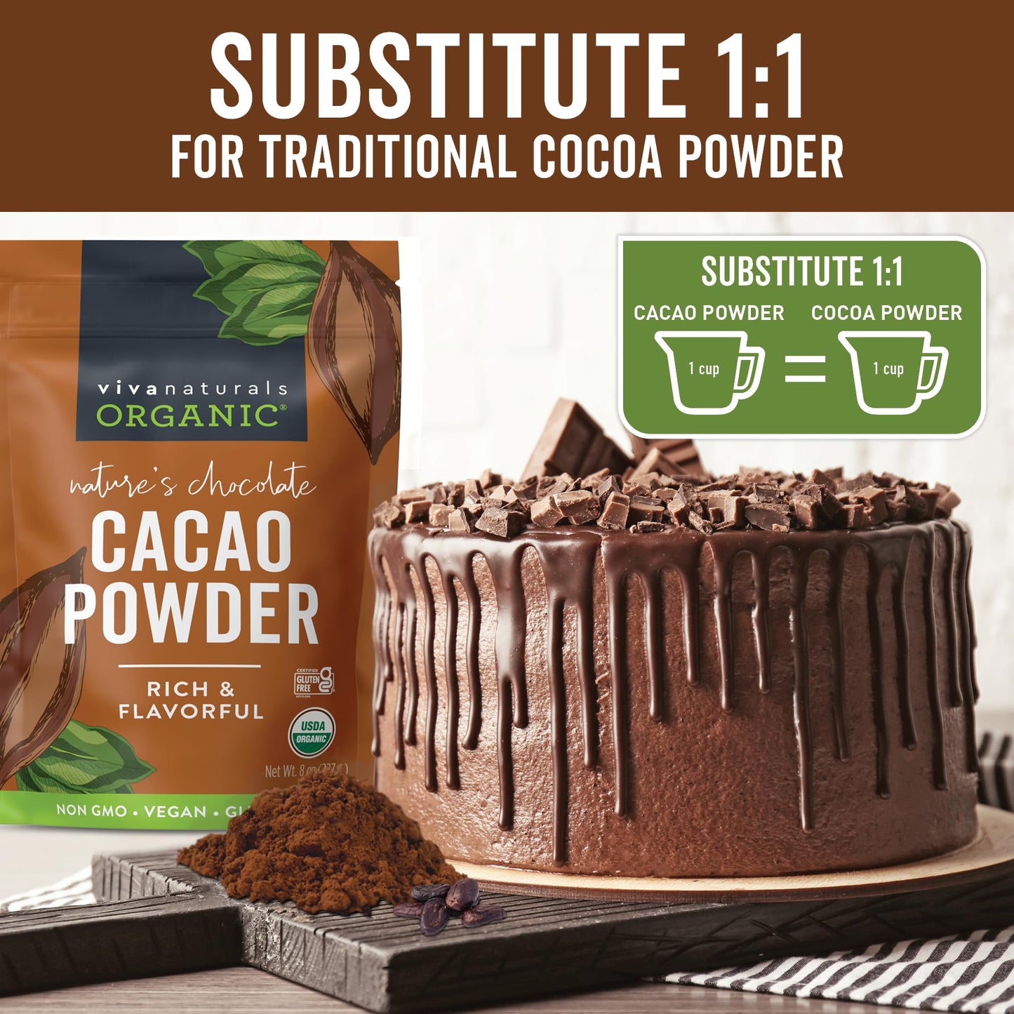 Viva Naturals Organic Cacao Powder  8 oz - Unsweetened Cocoa Powder With Rich Dark Chocolate Flavor  Perfect for Baking & Smoothies - Certified Vegan  Keto & Paleo  Non-GMO & Gluten-Free  227 g
