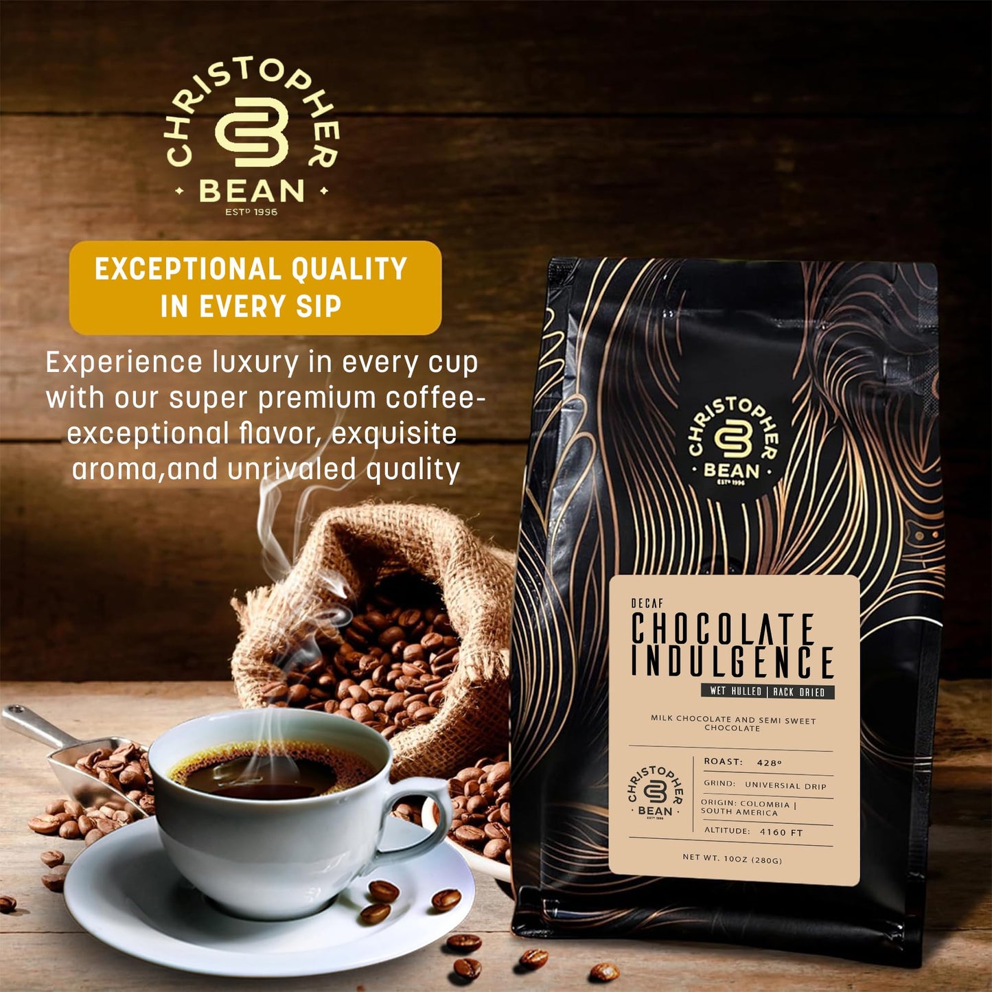 Christopher Bean Coffee Chocolate Indulgence Decaf Ground Coffee, 100% Arabica, 12-Ounce Bag, No Sugar, No Fats, Non-GMO Flavorings