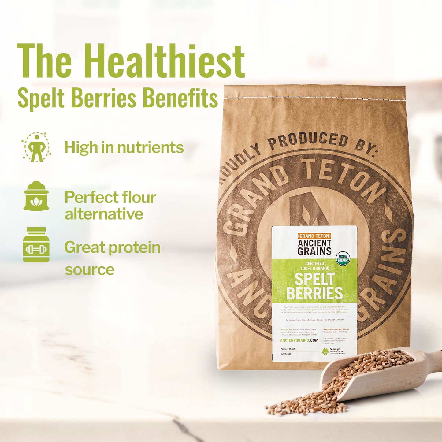 Grand Teton Organic Spelt Berries, Whole Grain, Nutritious Baking Staple, 25 lbs