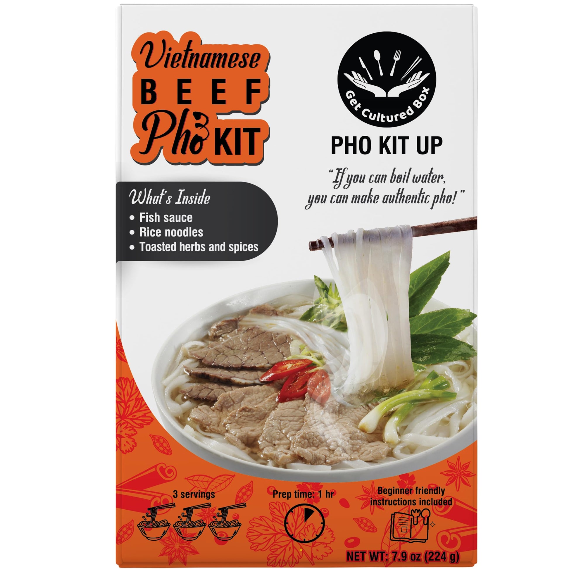 Get Cultured Box Diy Beef Pho Kit (Ph? B), Make Authentic Vietnamese Beef Noodle Soup Broth, Includes Herb Bag, Rice Noodles, 1