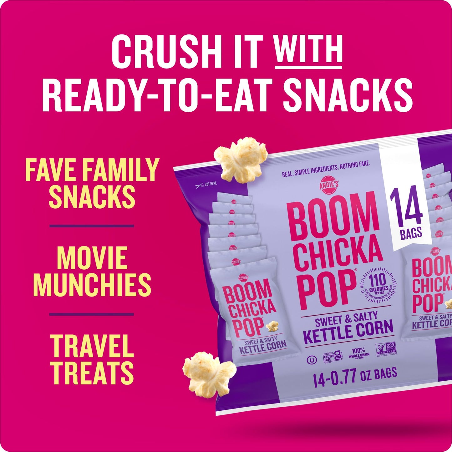 Angies BOOMCHICKAPOP Sweet & Salty Kettle Corn Popcorn, 14ct Multi-Pack, 0.77 oz Bags, Model 00818780019286