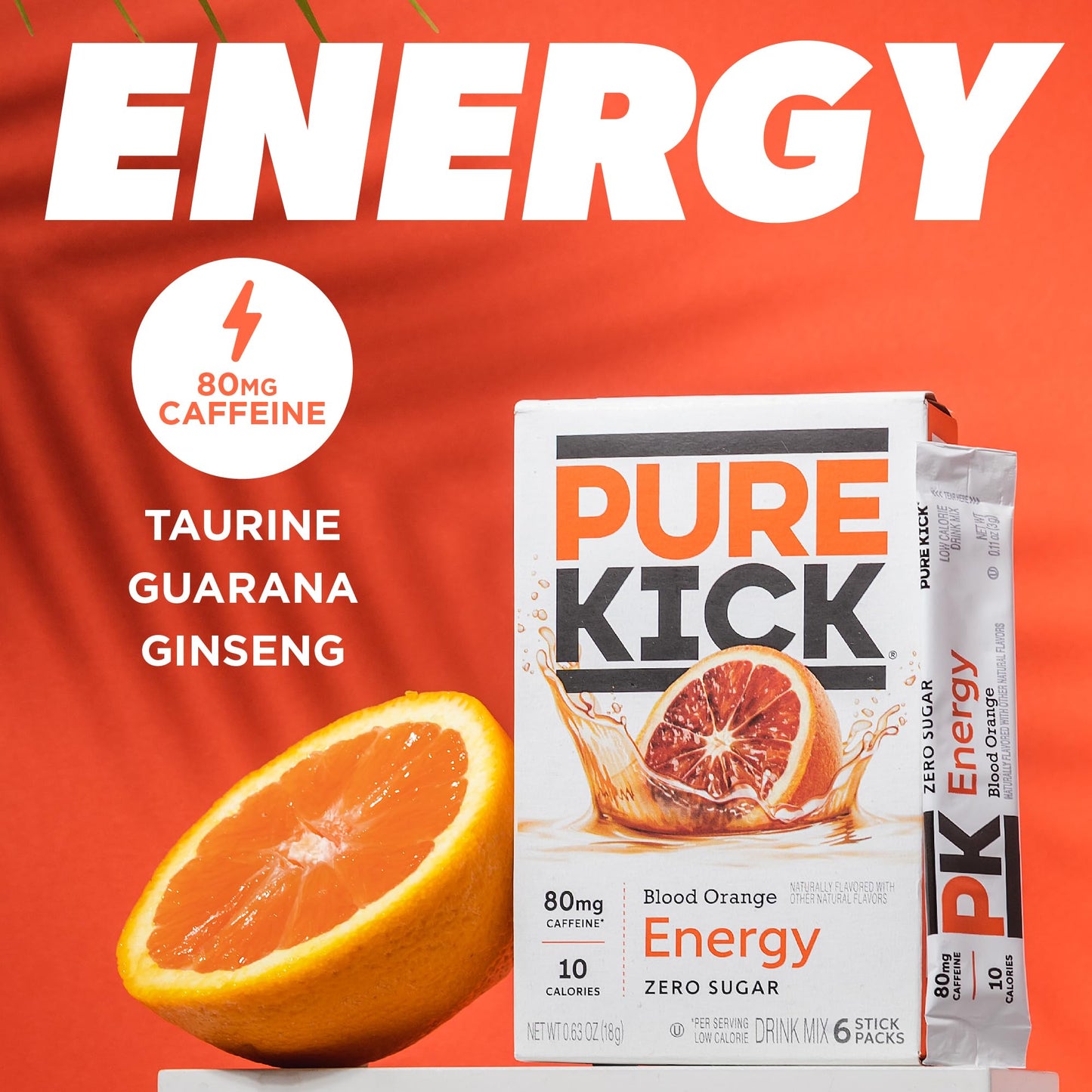 PURE KICK Energy Singles To Go Drink Mix, Blood Orange, 72 Packets (12 Boxes with 6 Packets Each)
