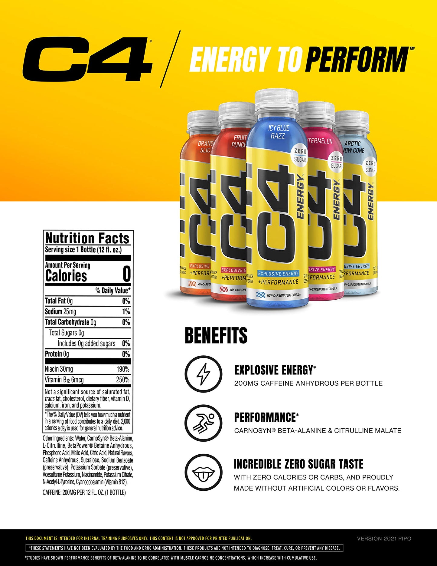 Cellucor C4 Energy Non-Carbonated Zero Sugar Energy Drink, Pre Workout Drink + Beta Alanine - Fruit Punch - 12 FL OZ (355 ml) -