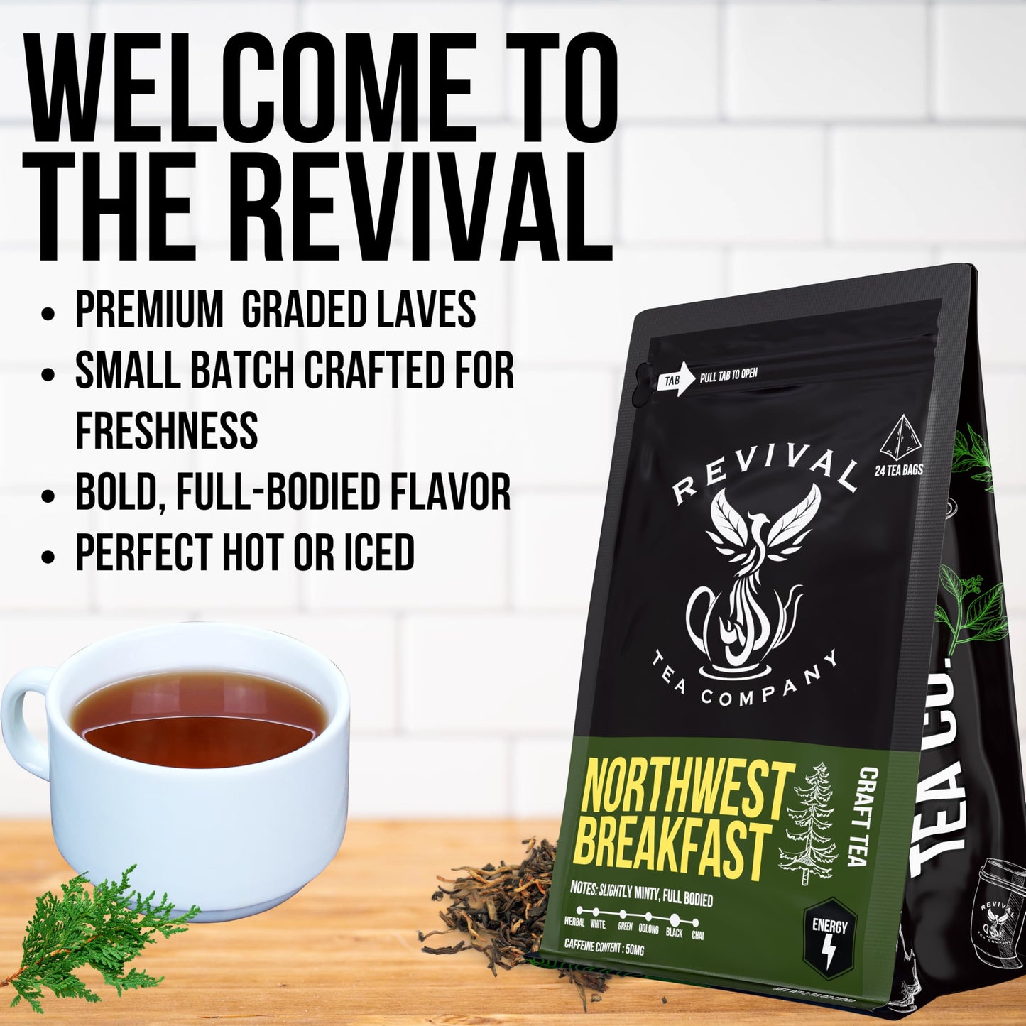 Revival Tea Company Northwest Breakfast Tea - Black Tea Blend With Western Cedar Tips, Assam, Ceylon, And Chinese Black Tea - 24 Tea Bags