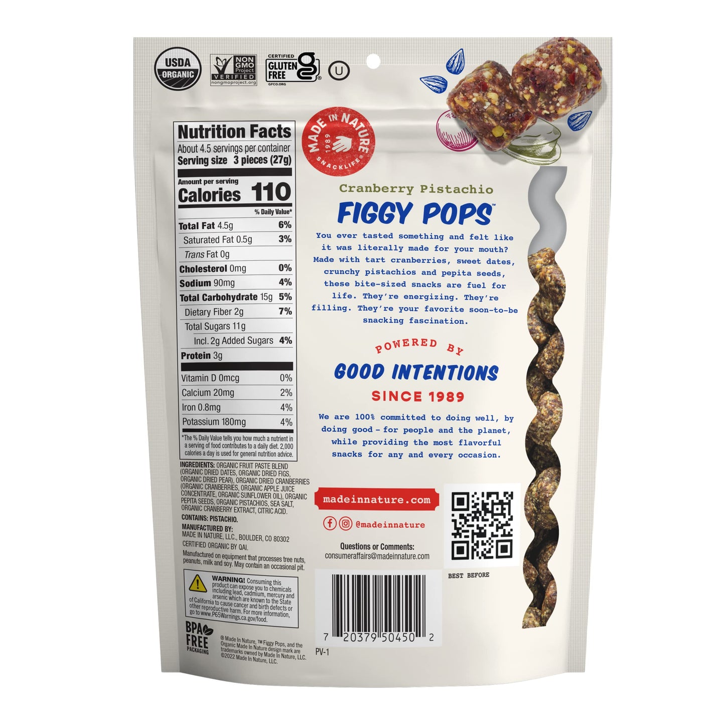 Made In Nature Organic Figgy Pops, Cranberry Pistachio, 4.2 Ounce (Pack of 6) - Unbaked Fruit & Nut Energy Bites, Non-GMO, Glute
