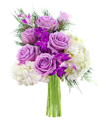 KaBloom Flowers - Mother's Day Collection - Silent Night Bouquet of Purple Rose, White Hydrangea, Purple Orchid and Greens.Gift 