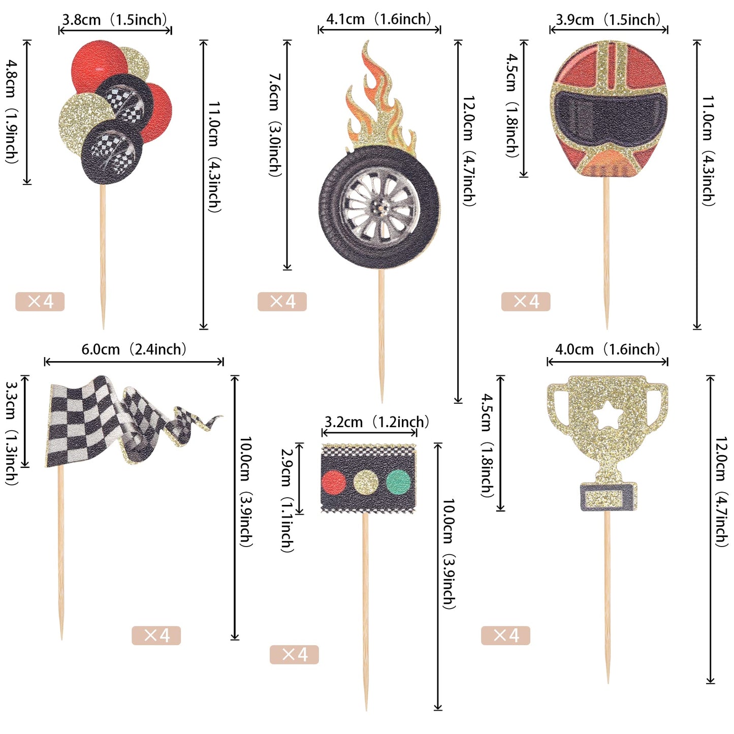 24 Pcs Race Car Cupcake Toppers Assembled Helmet Traffic Light Wheel Trophy Flag Racing Car Cupcake Picks Let'S Go Racing Cake D