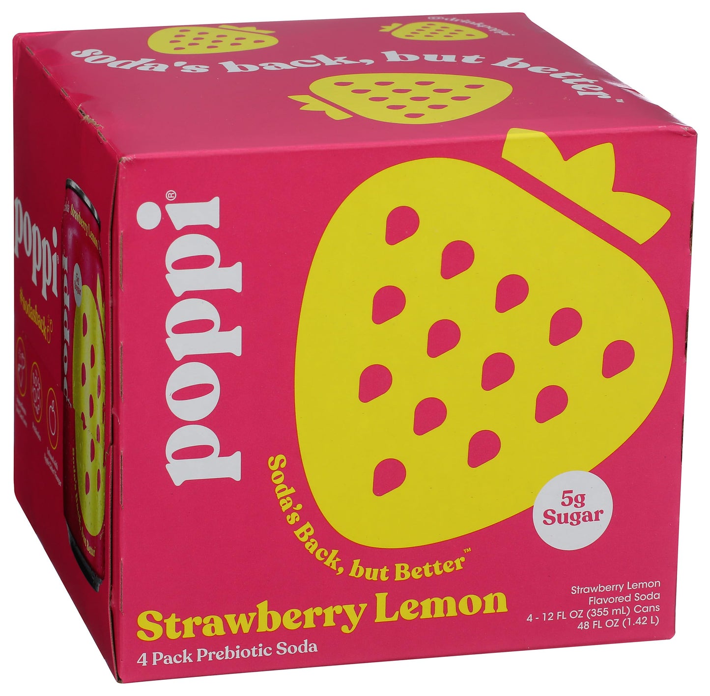 Poppi Strawberry Lemon Prebiotic Soda, 12 Fl Oz (Pack of 4), Model 0810063710019