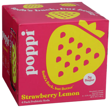 Poppi Strawberry Lemon Prebiotic Soda, 12 Fl Oz (Pack of 4), Model 0810063710019