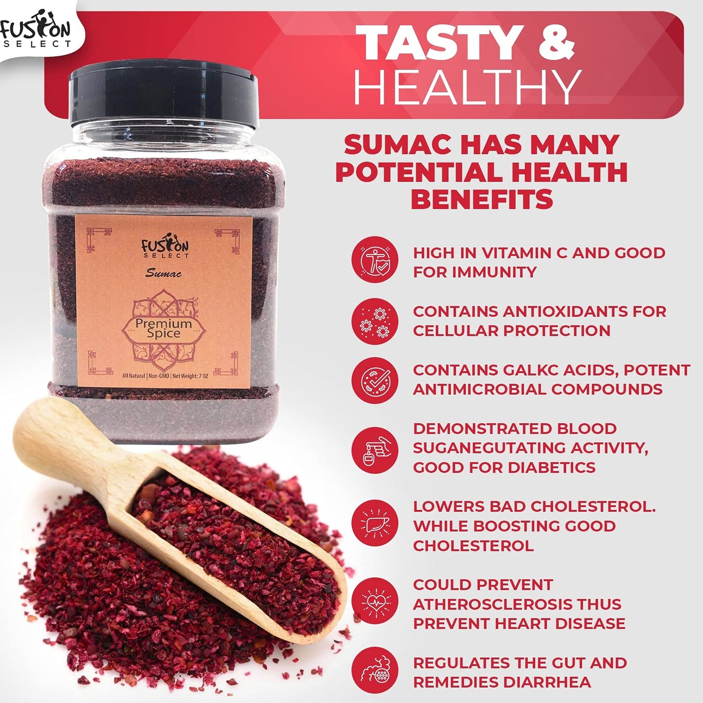 Fusion Select 100% Pure Sumac Spice, 100% Natural Sumac Powder | No Salt | Non-Gmo | Middle Eastern Spices | Sumac Seasoning | Double Lids Jar (7 Ounce)
