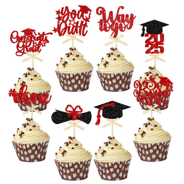 Gyufise 32Pcs 2025 Graduation Cupcake Toppers Glitter Class of 2025 Graduation Cap Diploma Cupcake Picks Congrats Grad Cake Deco