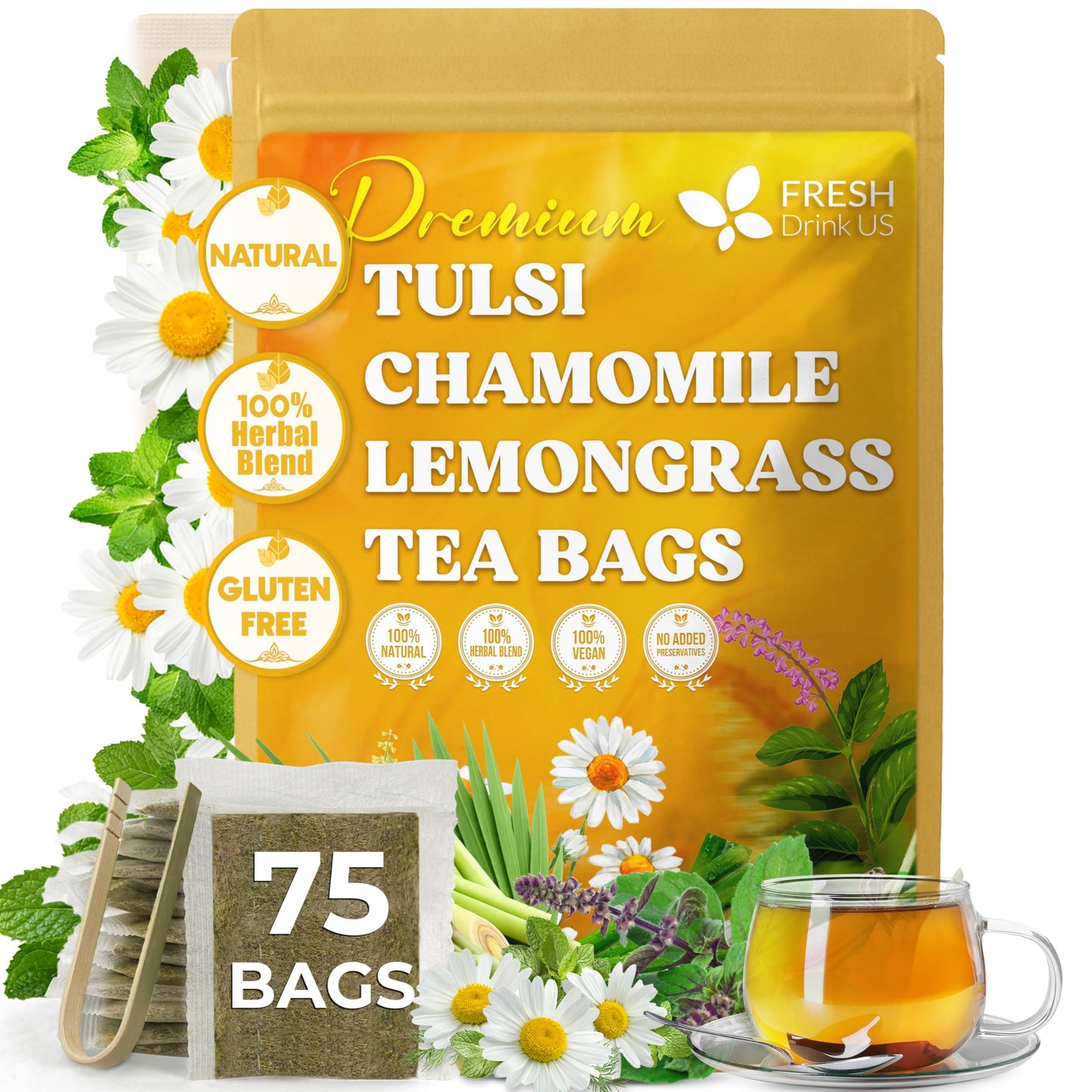 Freshdrinkus  Top-Grade 75 Tea Bags Tulsi Chamomile Lemongrass Herbal Tea | Blend With Holy Basil  Chamomile Flowers & Lemongrass Leaves - Naturally Energy Blend-Free  Soothing Herbal Infusion. Vegan