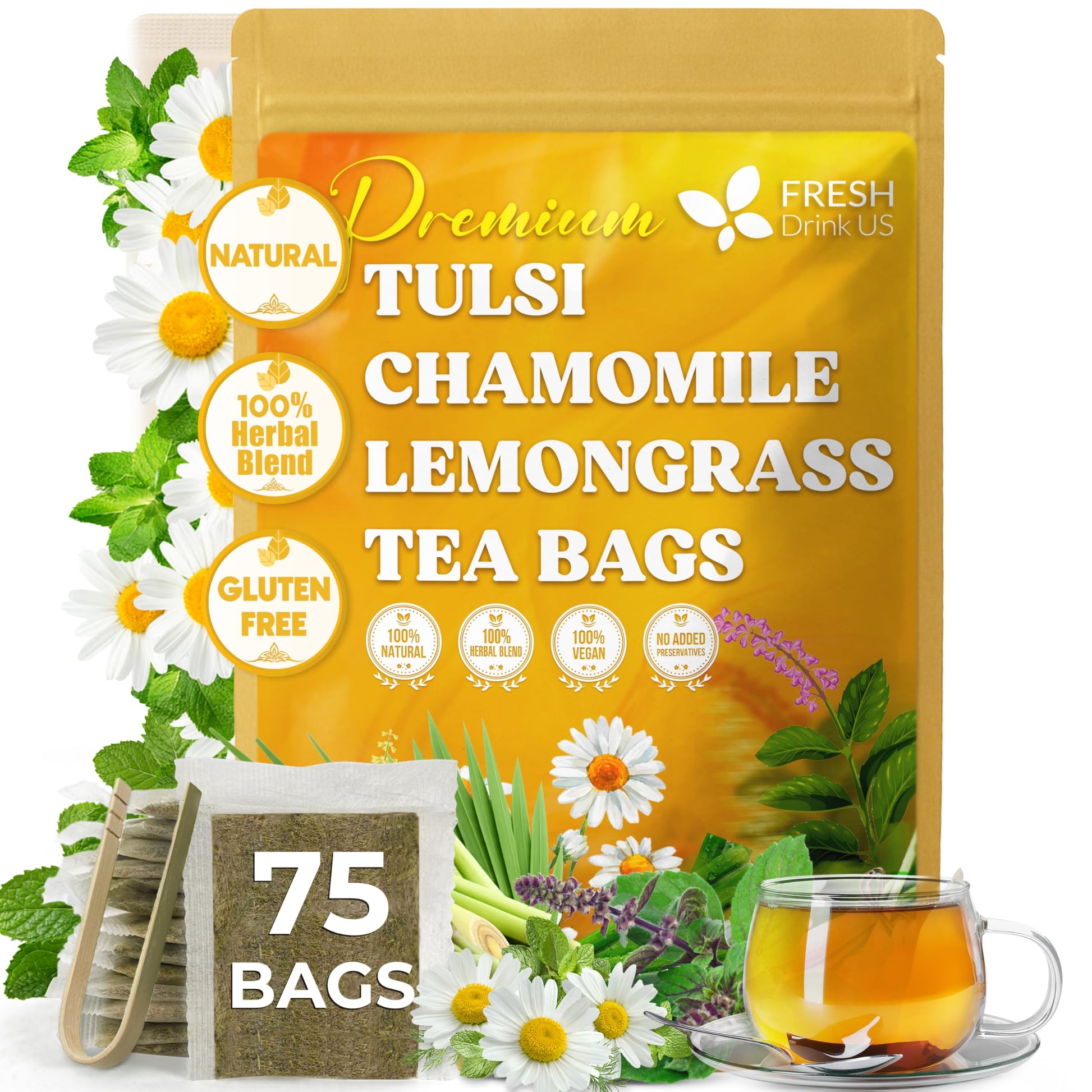 Freshdrinkus  Top-Grade 75 Tea Bags Tulsi Chamomile Lemongrass Herbal Tea | Blend With Holy Basil  Chamomile Flowers & Lemongrass Leaves - Naturally Energy Blend-Free  Soothing Herbal Infusion. Vegan