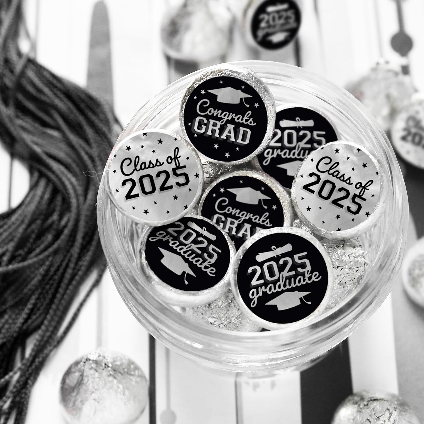 Black And Silver Graduation Party Stickers For Kisses Candy, Chocolate Drops, 2025 Grad Party Favors - 180 Count