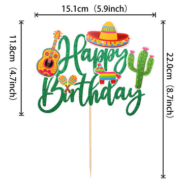 1 Pcs Mexican Fiesta Happy Birthday Cake Topper Glitter Cactus Donkey Maraca Sombrero Guitar Cake Pick For Mexican Fiesta Theme