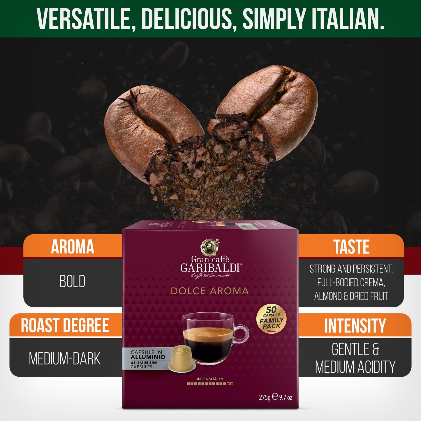Caffè Garibaldi Espresso Pods, Compatible with Nespresso Original, Almond & Dried Fruit, 50 Aluminum Cups, Italian Roasted Coffee