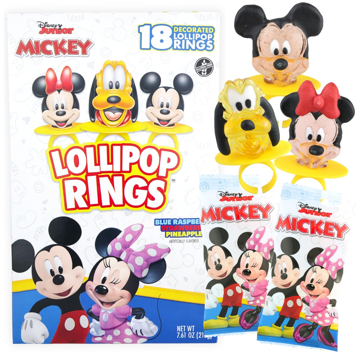 Disney Junior Lollipop Rings, Mickey Mouse, Minnie, And Pluto, Individually Wrapped For Birthday Party Favors, 18 Count