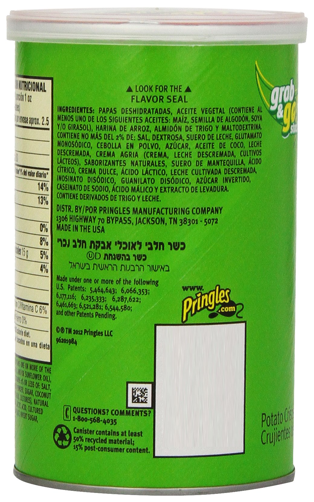 Pringles Sour Cream And Onion Grab And Go Pack, 2.5 Ounce (Pack Of 12)