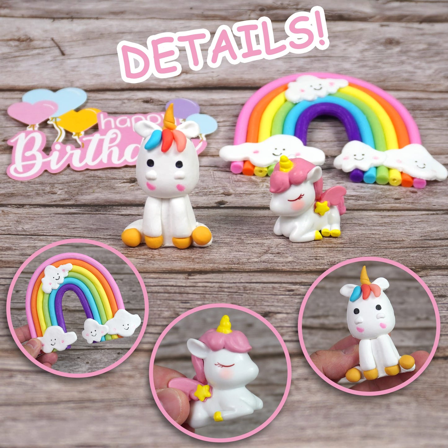 DRWATE 18 PCS Unicorn Cake Topper Set, Rainbow Stars & Foil Firework Balls, 0.78 inches, Kids Birthday Decorations (Style 1)