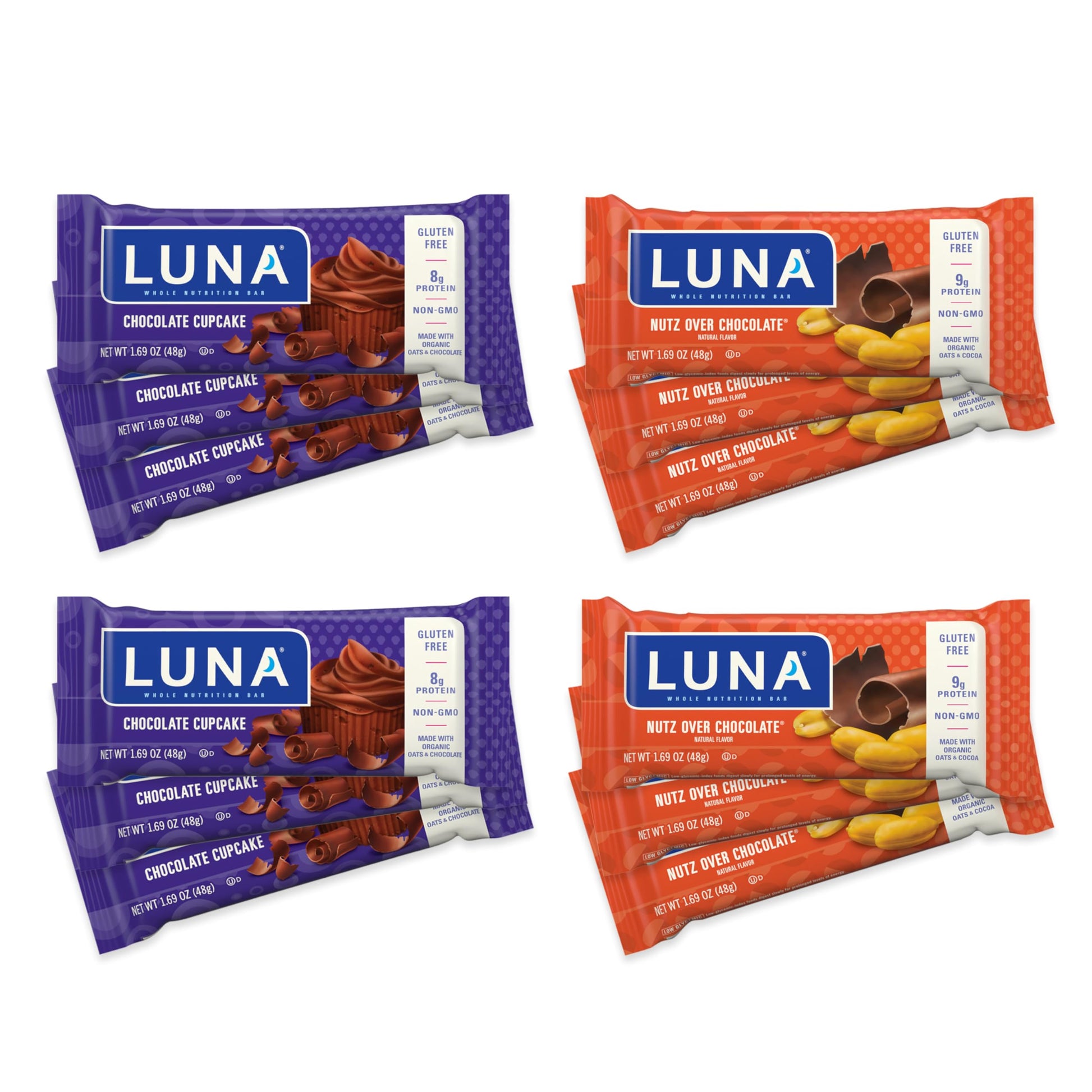 Luna Bar - Variety Pack - Nutz Over Chocolate And Chocolate Cupcake Flavor - Gluten Free Snack Bars - Non-Gmo - Protein Bars - Made With Organic Oats (12 Pack)