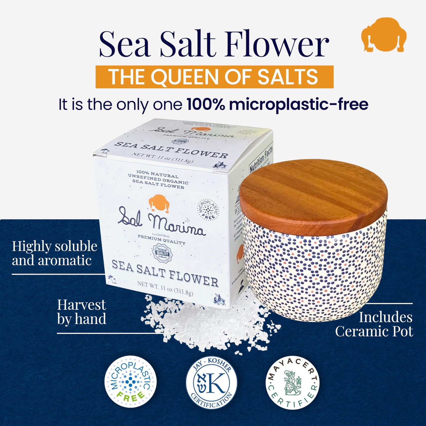 SAL MARINA Sea Salt Flower - Unrefined Kosher Salt, 11oz Container, 100% Natural, Vegan, Gluten Free, Organic Seasoning
