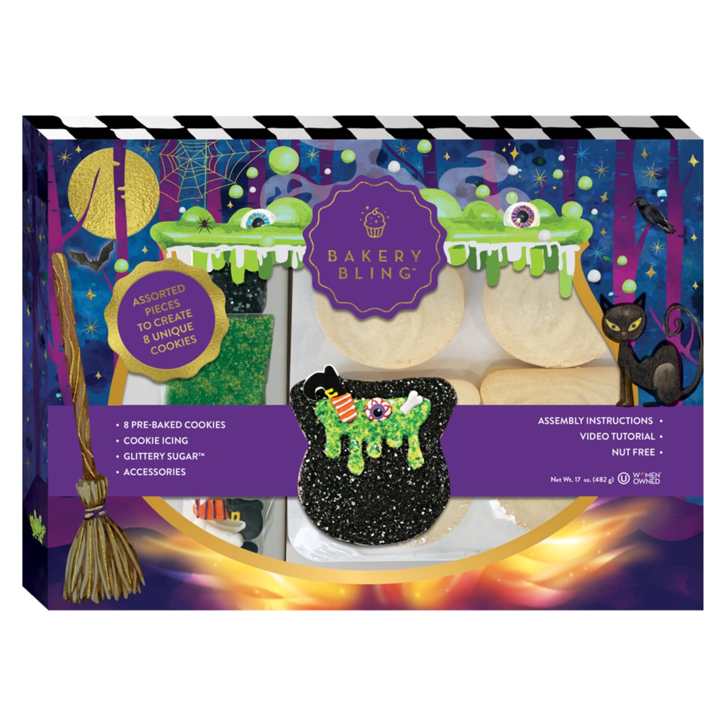 Cauldron Cookie Decorating Kit - Halloween Cookie Kit with 8 Pre-Baked Vanilla Cookies, White Icing, Glittery Sugar, Edible Acce