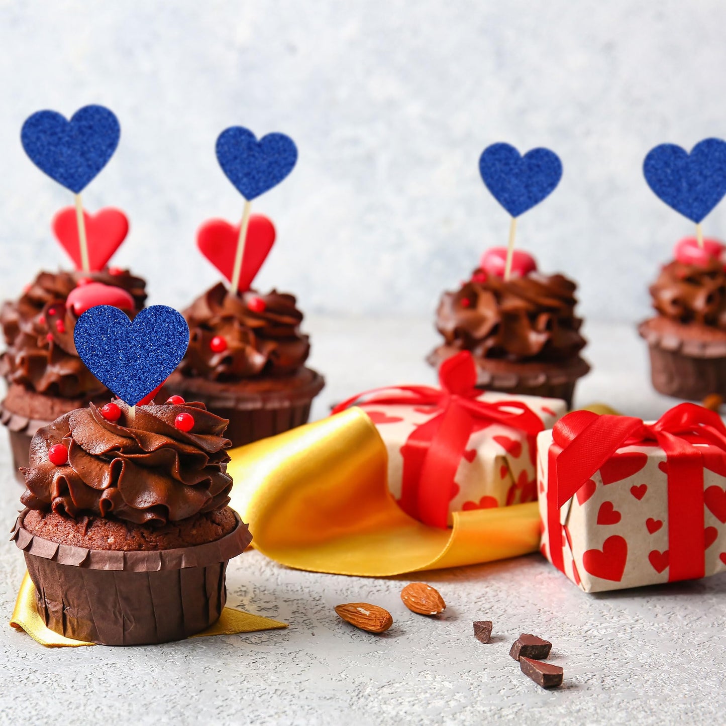 Gyufise 30Pcs Heart Cupcake Toppers Deep Blue Glitter Sweet Love Heart Cupcake Pick Decorations Valentine'S Day Cake Decorations