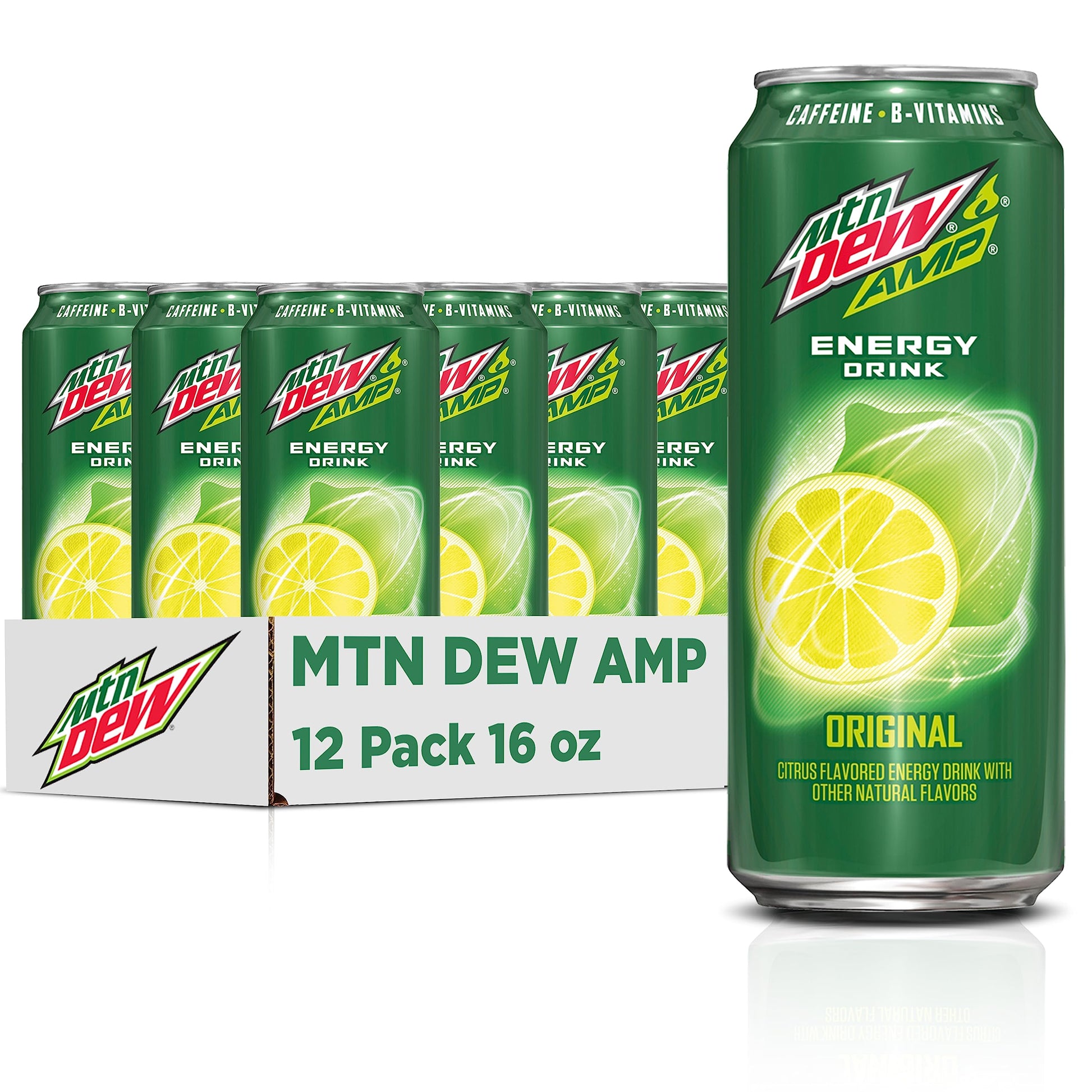 Mountain Dew AMP Energy Drink, Original, Caffeine & B Vitamins, 16 fl oz, Pack of 12, Yellow