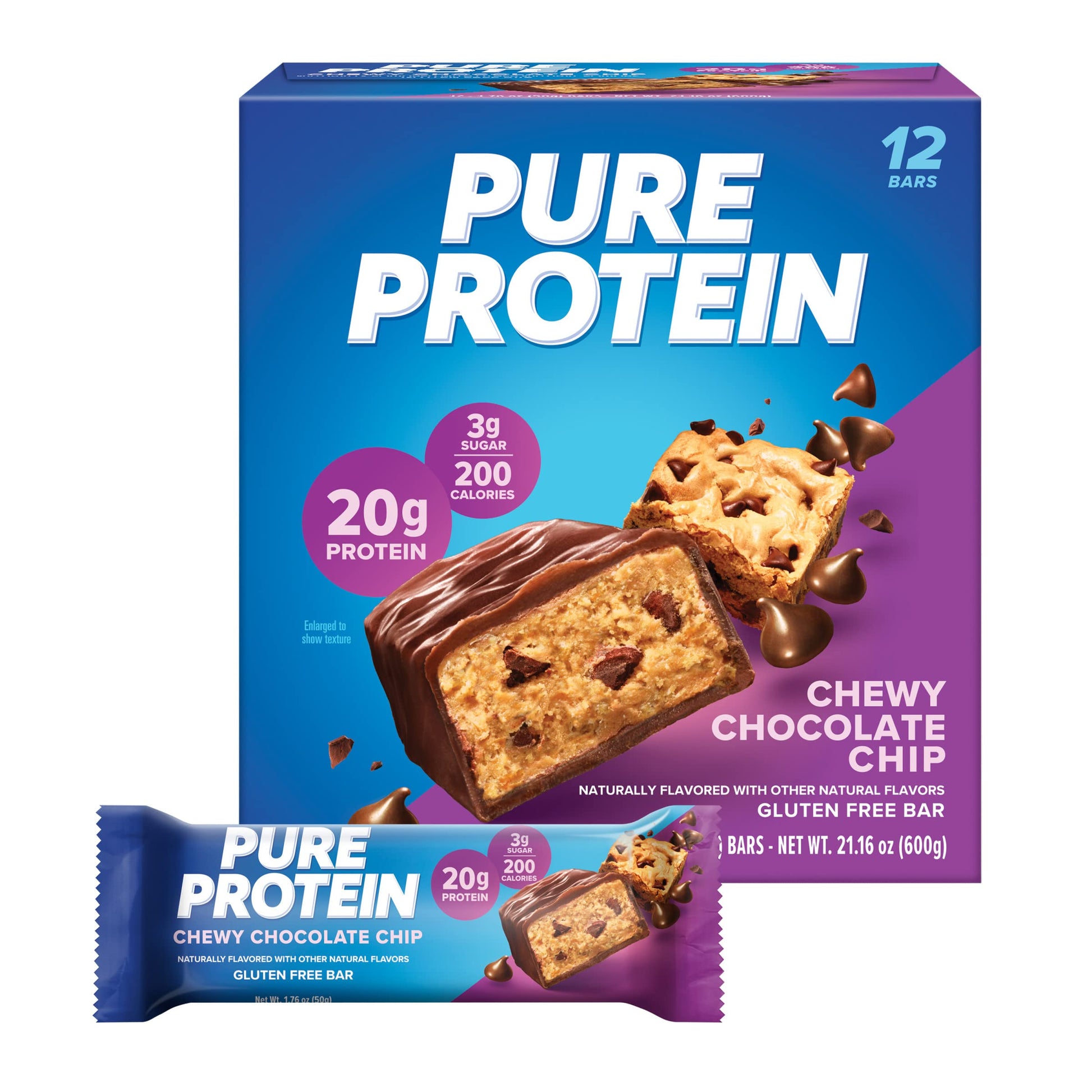 Pure Protein Bars, High Protein, Nutritious Snacks To Support Energy, Low Sugar, Gluten Free, Chewy Chocolate Chip, 1.76Oz (Pack