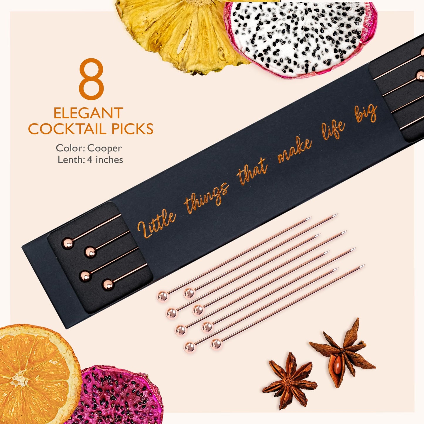 Millin Cocktail Garnish Gift Set - 100% Natural Dehydrated Fruits, 70 Slices + 8 Picks, Large Size, Copper Color
