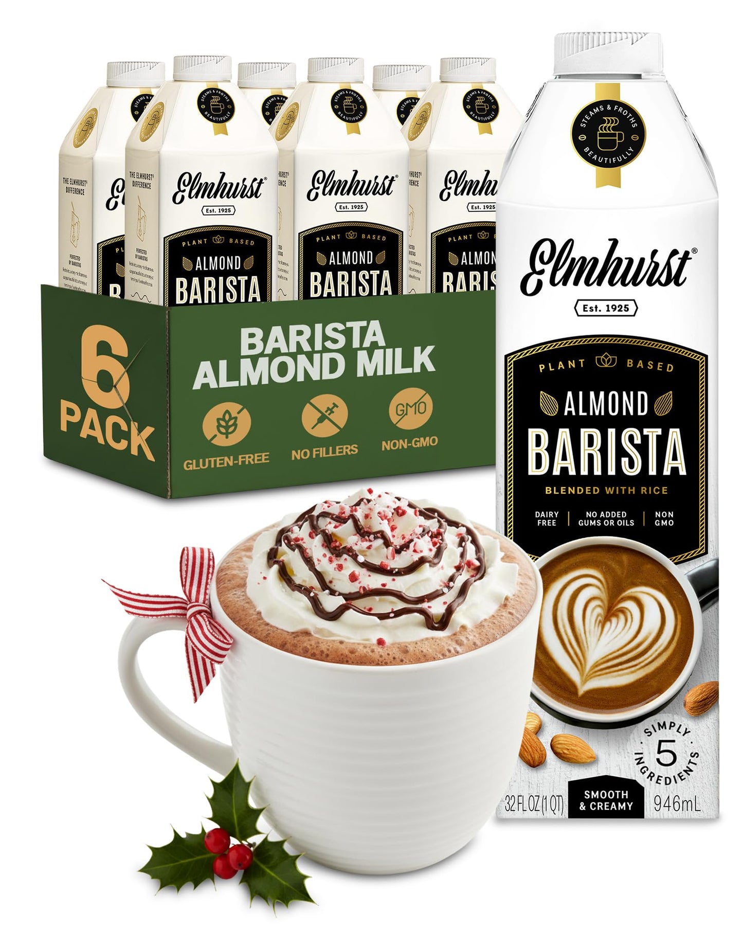 Elmhurst 1925 Almond Milk Barista Edition - 32oz (6-Pack) Plant-Based, Vegan, Dairy-Free, Kosher, Gluten-Free, Non-GMO, Froths f