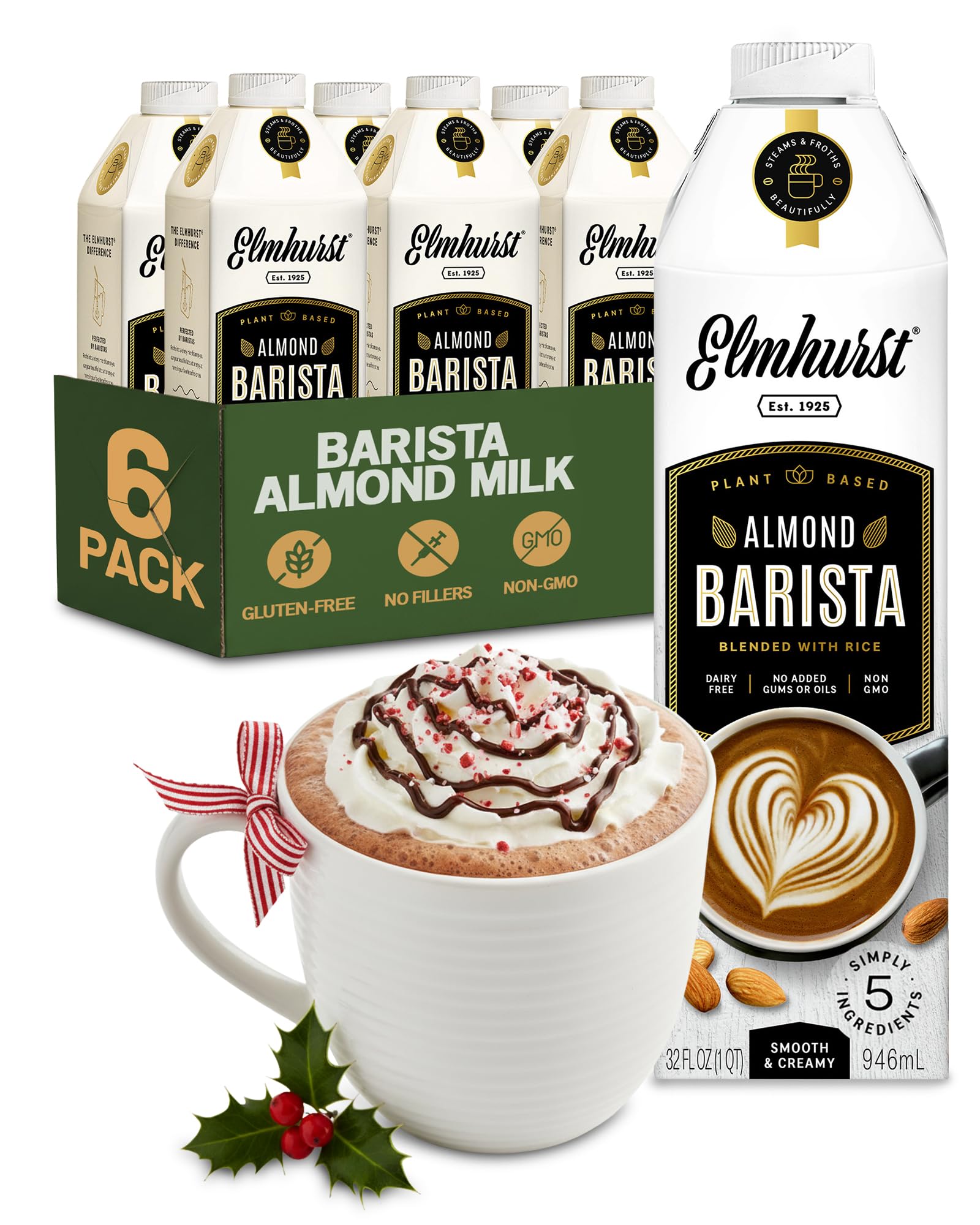 Elmhurst 1925 Almond Milk Barista Edition - 32oz (6-Pack) Plant-Based, Vegan, Dairy-Free, Kosher, Gluten-Free, Non-GMO, Froths f