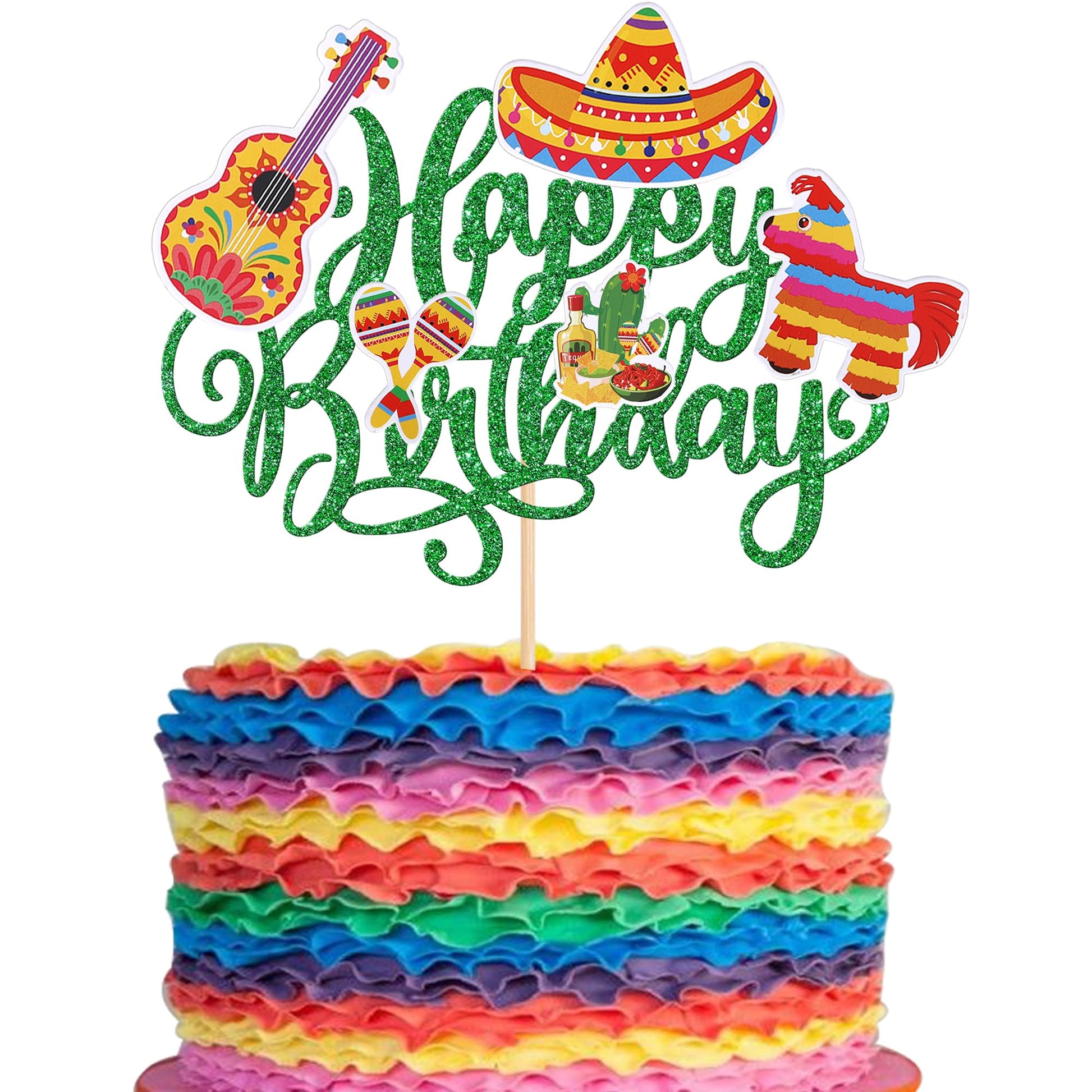 YCTHUNFISH Cake Topper, Cactus & Donkey Design, 5.9x8.7 inches, Paper/Bamboo, Green for Birthday/Mexican Fiesta Party