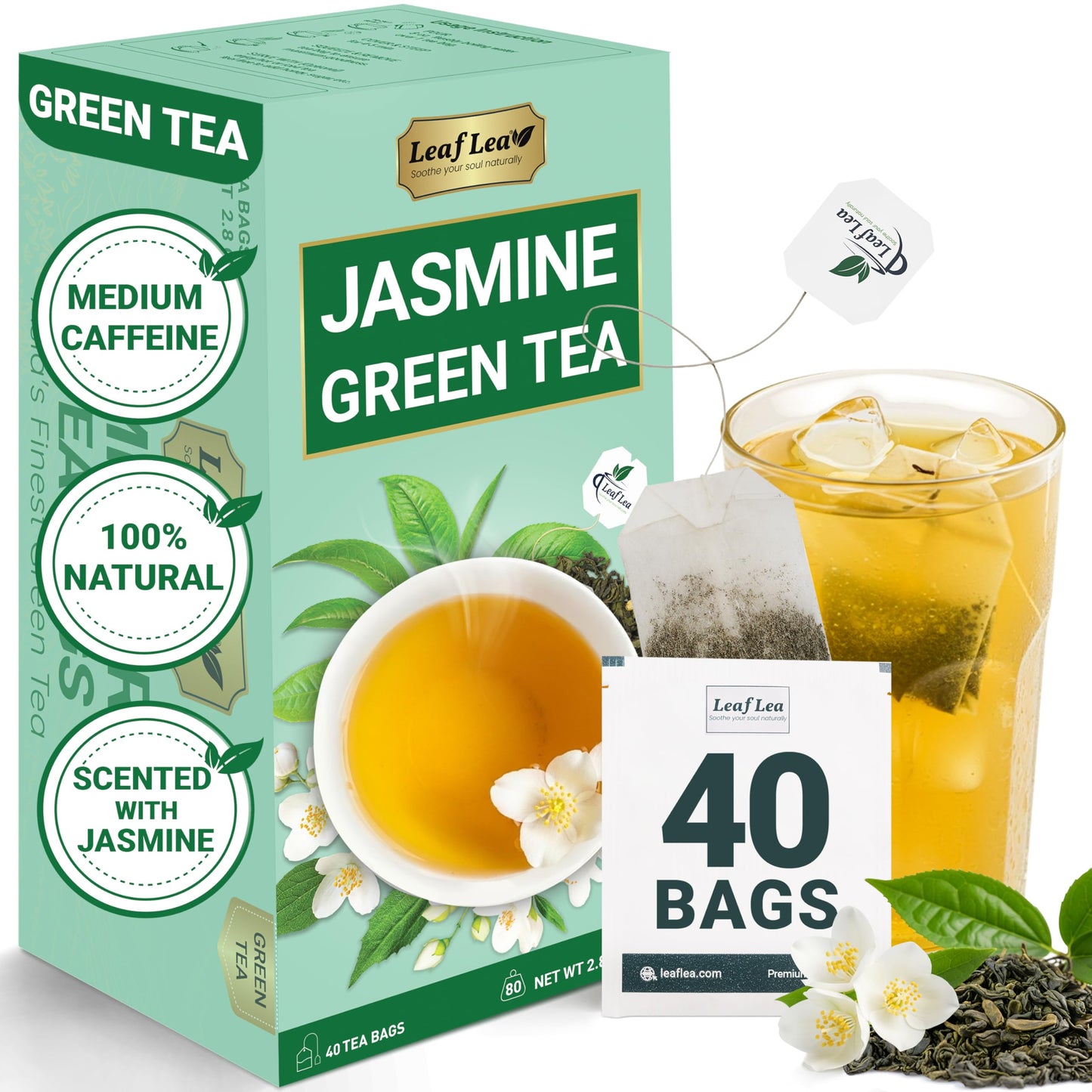 LeafLea 40 Jasmine Green Tea Bags  enhanced Green Tea Scented with Jasmine Flowers for Gentle Support & Light Alertness  Floral Smoothness  Caffeinated  Sugar-Free  Non-GMO  Vegan  Individually Wrapped