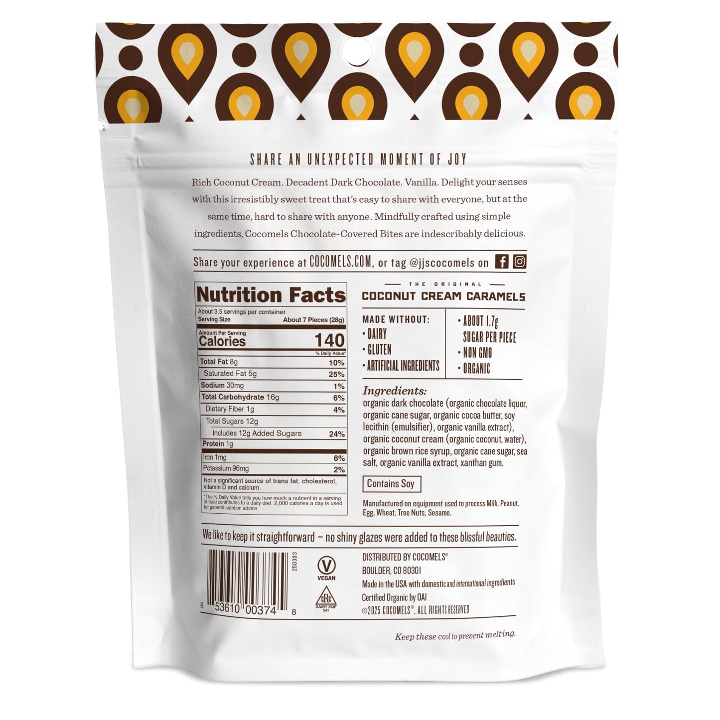 Cocomels Dark Chocolate Covered Bites, Vanilla, 3.5 oz, 6 Pack, Dairy Free, Vegan, Organic